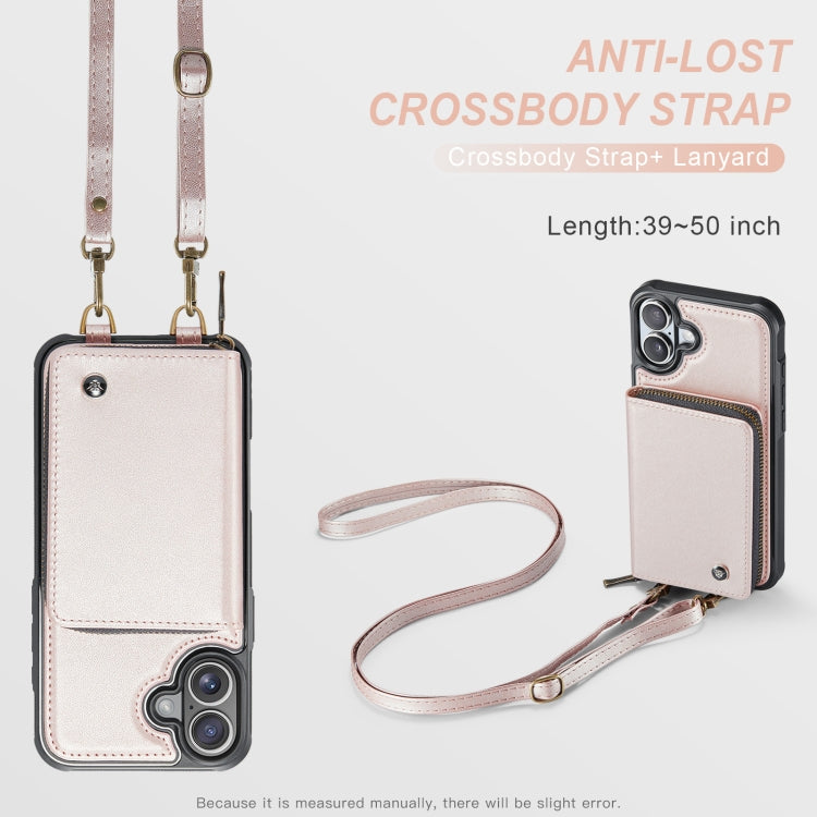For iPhone 16 JEEHOOD C22 Series Zipper Wallet Leather Phone Case with Dual Lanyard(Rose Gold) - free shipping - PMC Jewellery - Order now!