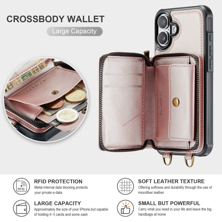 For iPhone 16 JEEHOOD C22 Series Zipper Wallet Leather Phone Case with Dual Lanyard(Rose Gold) - free shipping - PMC Jewellery - Order now!