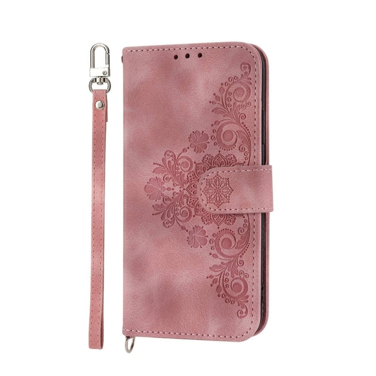 For iPhone 16e Skin-feel Flowers Embossed Wallet Leather Phone Case(Pink) - iPhone 16e Cases by PMC TechLife | Online Shopping South Africa | PMC TechLife | Buy Now Pay Later Mobicred
