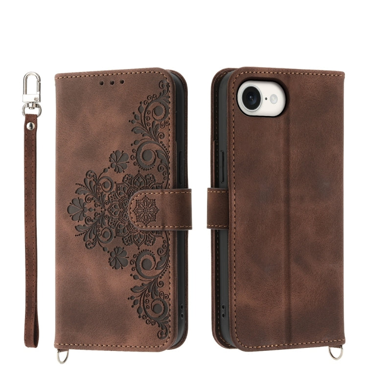 For iPhone 16e Skin-feel Flowers Embossed Wallet Leather Phone Case(Brown) - iPhone 16e Cases by PMC TechLife | Online Shopping South Africa | PMC TechLife | Buy Now Pay Later Mobicred