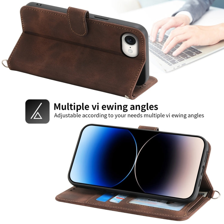 For iPhone 16e Skin-feel Flowers Embossed Wallet Leather Phone Case(Brown) - iPhone 16e Cases by PMC TechLife | Online Shopping South Africa | PMC TechLife | Buy Now Pay Later Mobicred