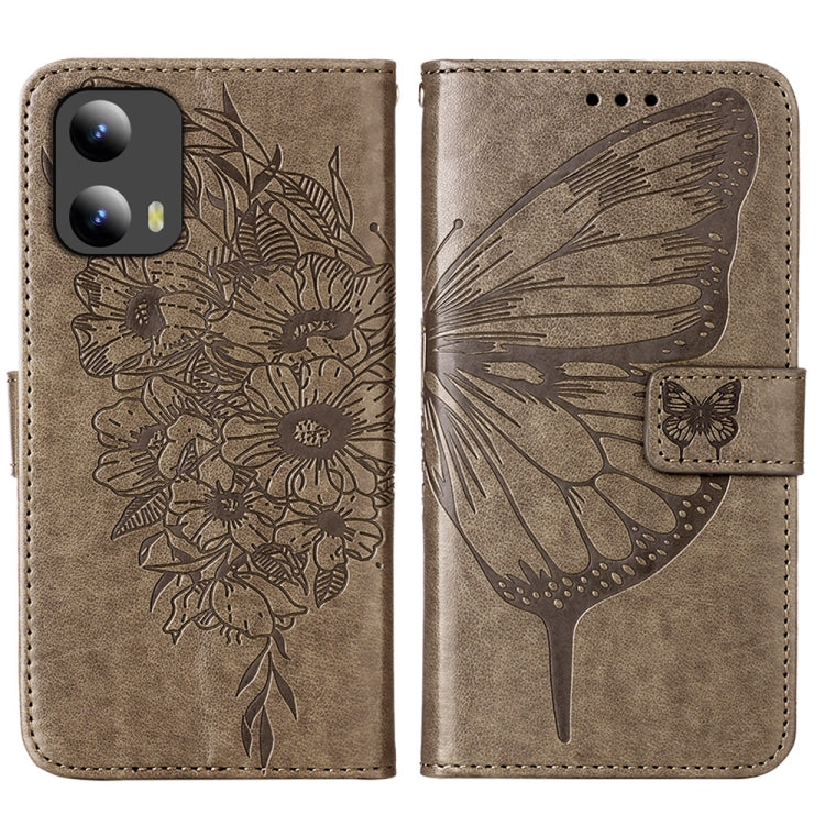 For Motorola Moto G Play 5G 2024 Embossed Butterfly Leather Phone Case(Grey) - Motorola Cases by PMC Jewellery | Online Shopping South Africa | PMC Jewellery | Buy Now Pay Later Mobicred