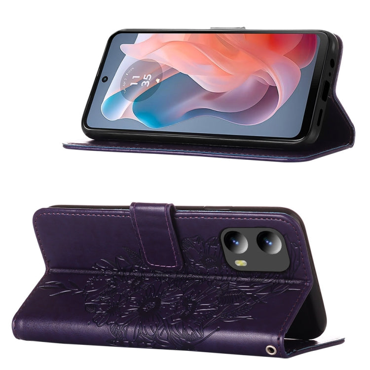 For Motorola Moto G Play 5G 2024 Embossed Butterfly Leather Phone Case(Dark Purple) - Motorola Cases by PMC Jewellery | Online Shopping South Africa | PMC Jewellery | Buy Now Pay Later Mobicred