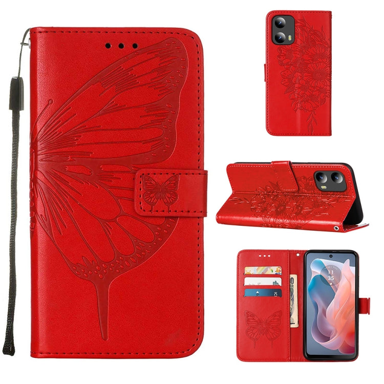 For Motorola Moto G Play 5G 2024 Embossed Butterfly Leather Phone Case(Red) - Motorola Cases by PMC Jewellery | Online Shopping South Africa | PMC Jewellery | Buy Now Pay Later Mobicred