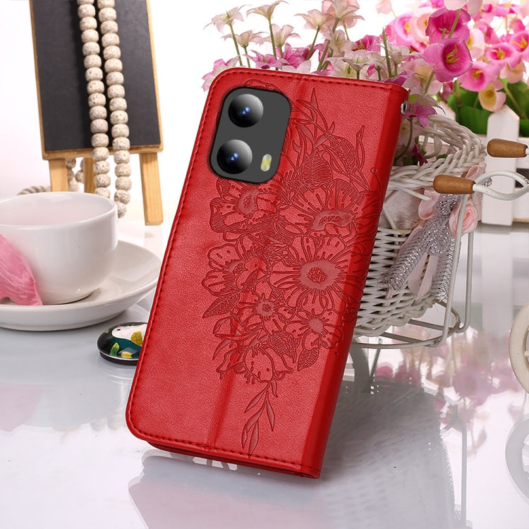 For Motorola Moto G Play 5G 2024 Embossed Butterfly Leather Phone Case(Red) - Motorola Cases by PMC Jewellery | Online Shopping South Africa | PMC Jewellery | Buy Now Pay Later Mobicred