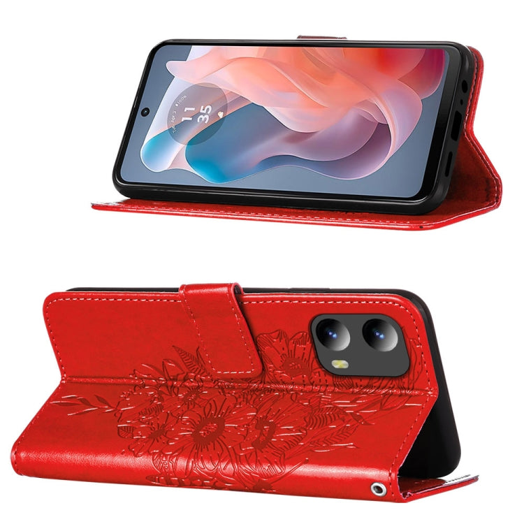 For Motorola Moto G Play 5G 2024 Embossed Butterfly Leather Phone Case(Red) - Motorola Cases by PMC Jewellery | Online Shopping South Africa | PMC Jewellery | Buy Now Pay Later Mobicred