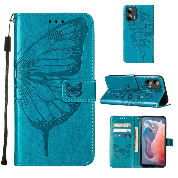 For Motorola Moto G Play 5G 2024 Embossed Butterfly Leather Phone Case(Blue) - Motorola Cases by PMC Jewellery | Online Shopping South Africa | PMC Jewellery | Buy Now Pay Later Mobicred