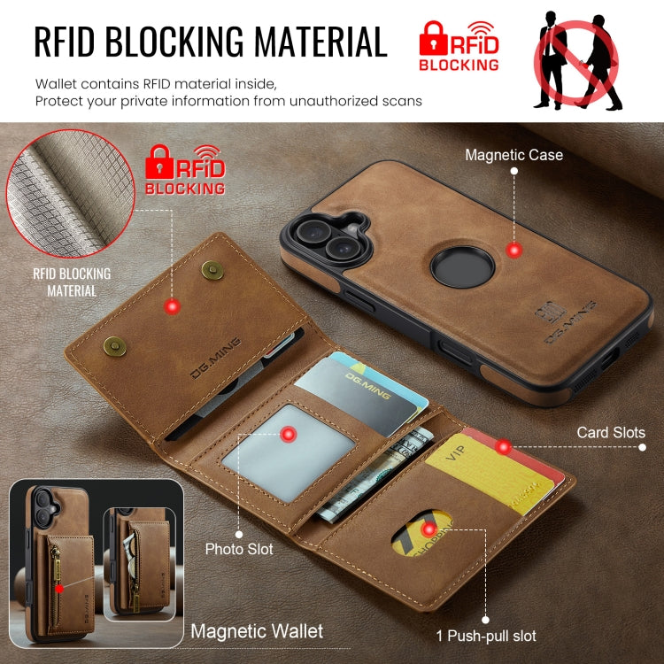 For iPhone 16 Plus DG.MING M5 Series Zip RFID Multi Card Detachable Leather Phone Case(Brown) - free shipping - PMC Jewellery - Order now!