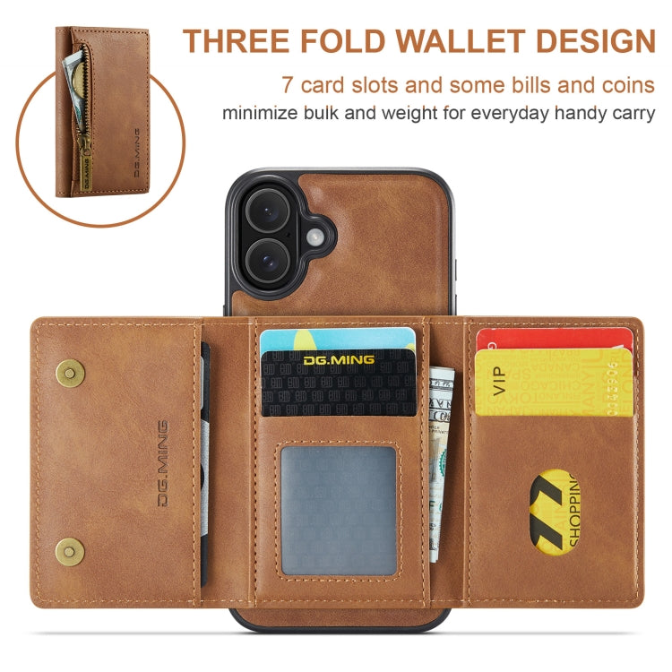 For iPhone 16 Plus DG.MING M5 Series Zip RFID Multi Card Detachable Leather Phone Case(Brown) - free shipping - PMC Jewellery - Order now!