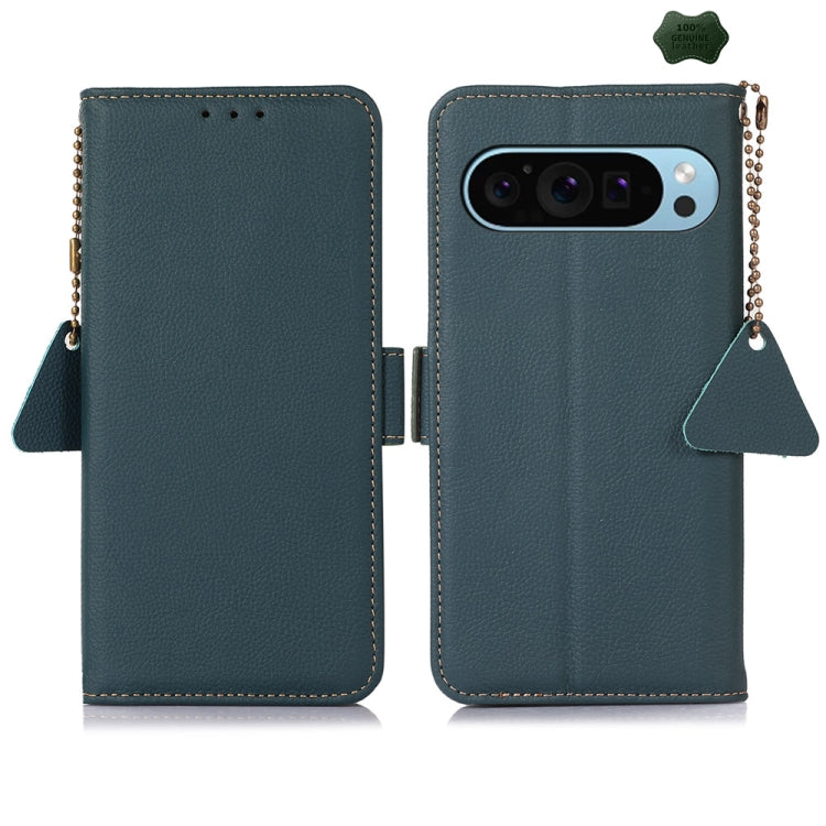 For Google Pixel 9 Side-Magnetic TJ Genuine Leather RFID Phone Case(Green) - Google Cases by PMC TechLife | Online Shopping South Africa | PMC TechLife | Buy Now Pay Later Mobicred