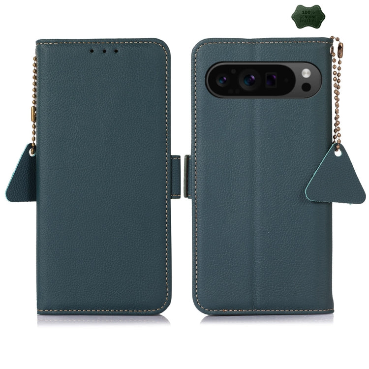 For Google Pixel 9 Pro Side-Magnetic TJ Genuine Leather RFID Phone Case(Green) - Google Cases by PMC TechLife | Online Shopping South Africa | PMC TechLife | Buy Now Pay Later Mobicred