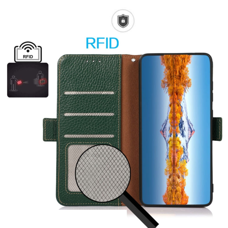 For Google Pixel 8a KHAZNEH Side-Magnetic Litchi Genuine Leather RFID Phone Case(Green) - Google Cases by PMC TechLife | Online Shopping South Africa | PMC TechLife | Buy Now Pay Later Mobicred