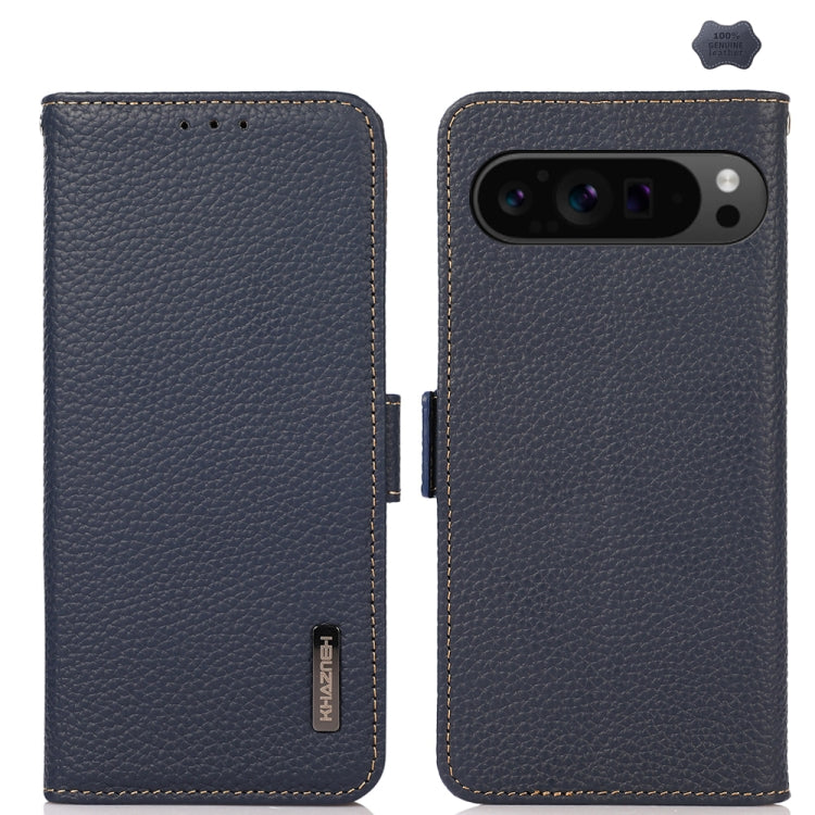 For Google Pixel 9 Pro KHAZNEH Side-Magnetic Litchi Genuine Leather RFID Phone Case(Blue) - free shipping - PMC TechLife - Order now!