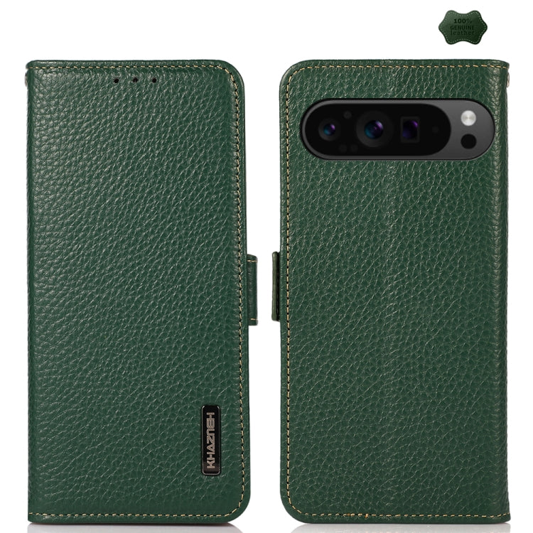 For Google Pixel 9 Pro KHAZNEH Side-Magnetic Litchi Genuine Leather RFID Phone Case(Green) - Google Cases by PMC TechLife | Online Shopping South Africa | PMC TechLife | Buy Now Pay Later Mobicred