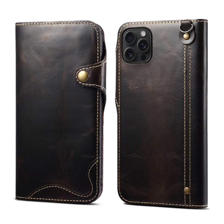 For iPhone 15 Pro Max Denior Oil Wax Cowhide Magnetic Button Genuine Leather Case(Black) - free shipping - PMC Jewellery - Order now!