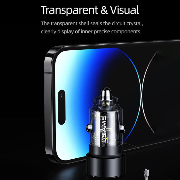 USAMS US-CC208 C39 60W USB + Type-C Dual Port Fast Charging Aluminum Alloy Transparent Car Charger(Black) - Car Charger by USAMS | Online Shopping South Africa | PMC TechLife | Buy Now Pay Later Mobicred