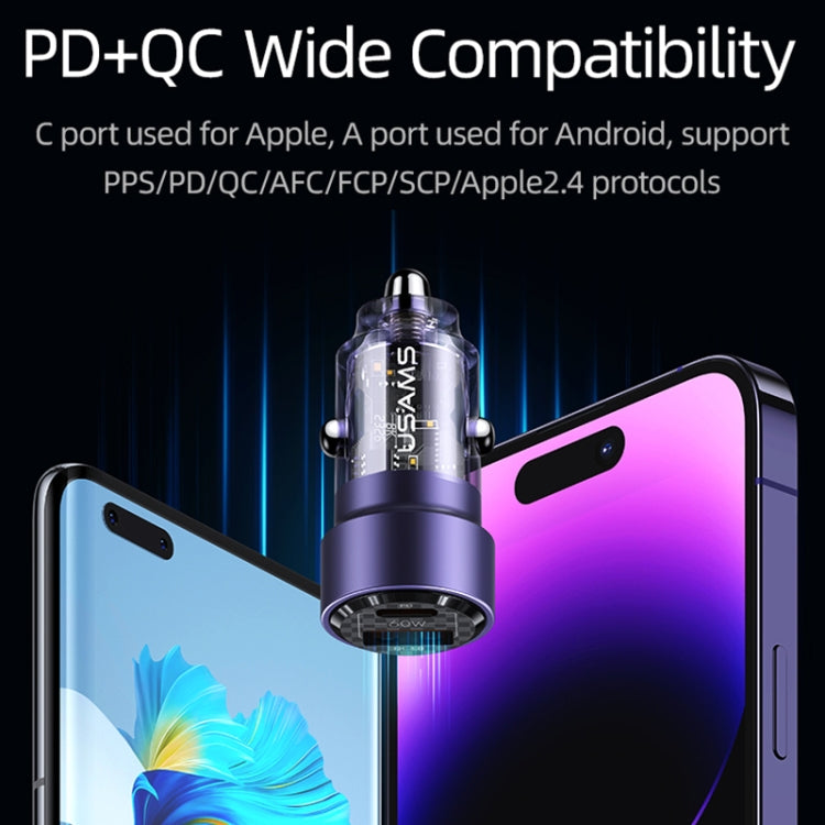 USAMS US-CC208 C39 60W USB + Type-C Dual Port Fast Charging Aluminum Alloy Transparent Car Charger(Black) - Car Charger by USAMS | Online Shopping South Africa | PMC TechLife | Buy Now Pay Later Mobicred