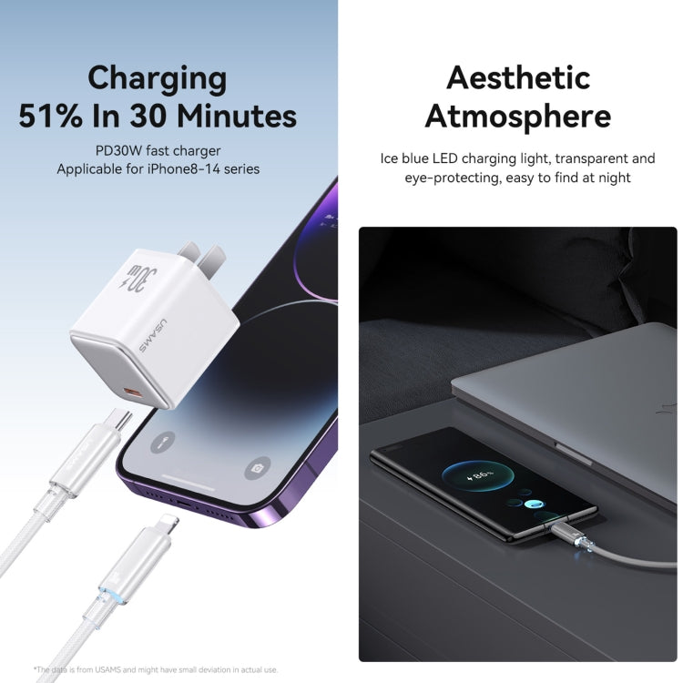 USAMS Type-C To 8 Pin Aluminum Alloy Clear LED 30W PD Fast Charge Data Cable, Length:1.2m(Black) - free shipping - PMC Jewellery - Order now!