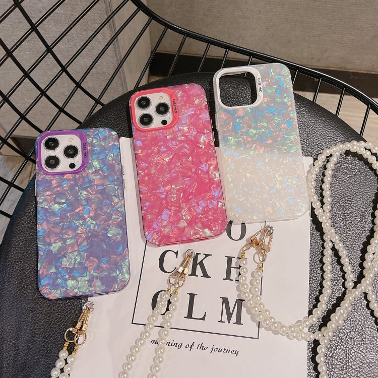 For iPhone 14 Shell Texture Crossbody Pearl Chain TPU Hybrid Acrylic Phone Case(Purple) - iPhone 14 Cases by PMC TechLife | Online Shopping South Africa | PMC TechLife | Buy Now Pay Later Mobicred