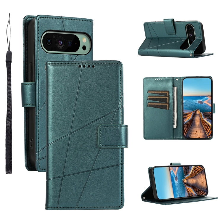 For Google Pixel 9 PU Genuine Leather Texture Embossed Line Phone Case(Green) - Google Cases by PMC TechLife | Online Shopping South Africa | PMC TechLife | Buy Now Pay Later Mobicred