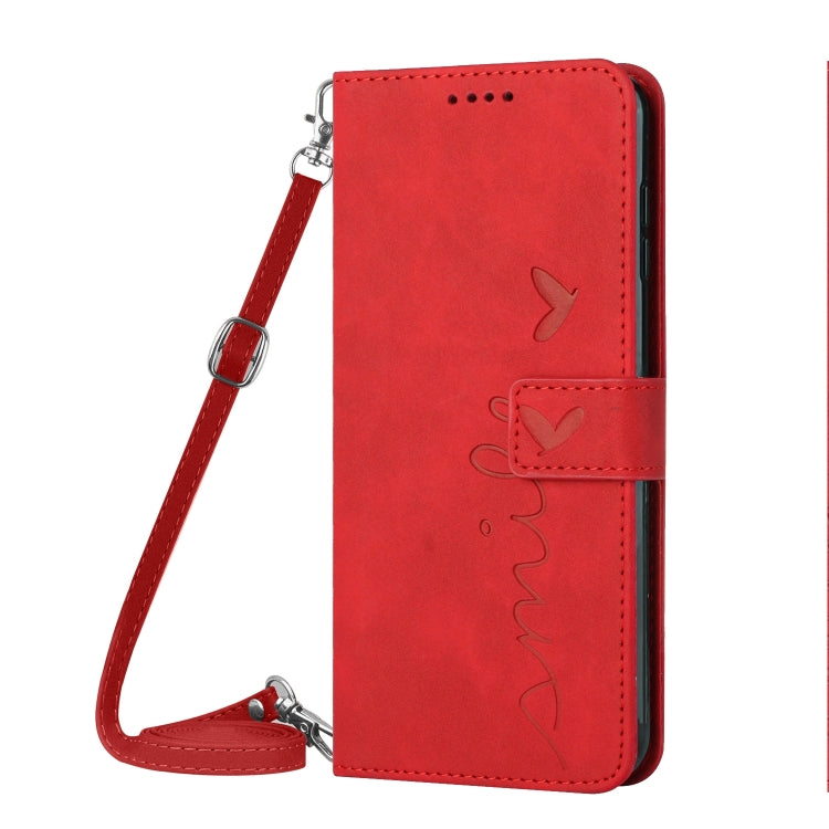 For Motorola Moto G Play 2024 Skin Feel Heart Embossed Leather Phone Case with Long Lanyard(Red) - Motorola Cases by PMC Jewellery | Online Shopping South Africa | PMC Jewellery | Buy Now Pay Later Mobicred