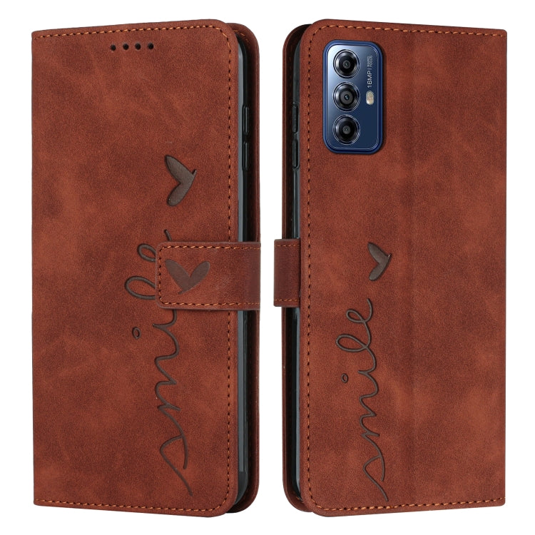 For Motorola Moto G Play 2024 Skin Feel Heart Embossed Leather Phone Case with Long Lanyard(Brown) - Motorola Cases by PMC Jewellery | Online Shopping South Africa | PMC Jewellery | Buy Now Pay Later Mobicred