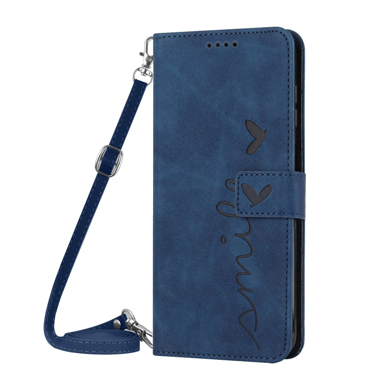 For OPPO Reno11 5G Global Skin Feel Heart Embossed Leather Phone Case with Long Lanyard(Blue) - Reno11 Cases by PMC TechLife | Online Shopping South Africa | PMC TechLife | Buy Now Pay Later Mobicred