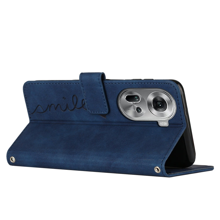 For OPPO Reno11 5G Global Skin Feel Heart Embossed Leather Phone Case with Long Lanyard(Blue) - Reno11 Cases by PMC TechLife | Online Shopping South Africa | PMC TechLife | Buy Now Pay Later Mobicred