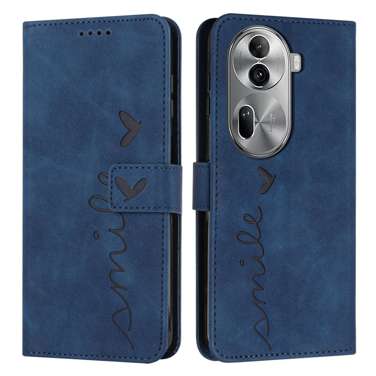 For OPPO Reno11 Pro Global Skin Feel Heart Embossed Leather Phone Case with Long Lanyard(Blue) - Reno11 Pro Cases by PMC TechLife | Online Shopping South Africa | PMC TechLife | Buy Now Pay Later Mobicred