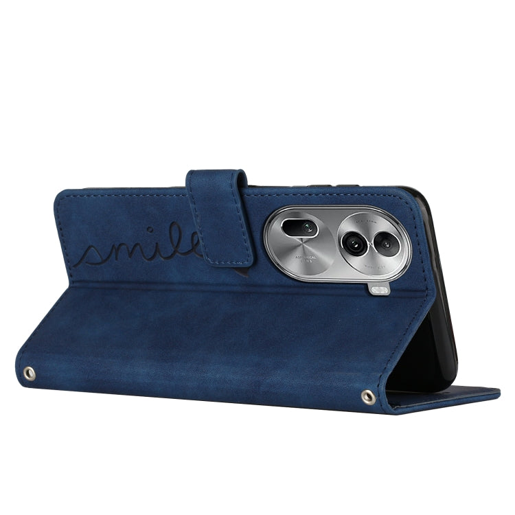 For OPPO Reno11 Pro Global Skin Feel Heart Embossed Leather Phone Case with Long Lanyard(Blue) - Reno11 Pro Cases by PMC TechLife | Online Shopping South Africa | PMC TechLife | Buy Now Pay Later Mobicred