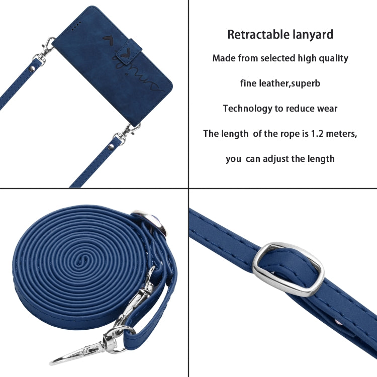 For OPPO Reno11 Pro Global Skin Feel Heart Embossed Leather Phone Case with Long Lanyard(Blue) - Reno11 Pro Cases by PMC TechLife | Online Shopping South Africa | PMC TechLife | Buy Now Pay Later Mobicred