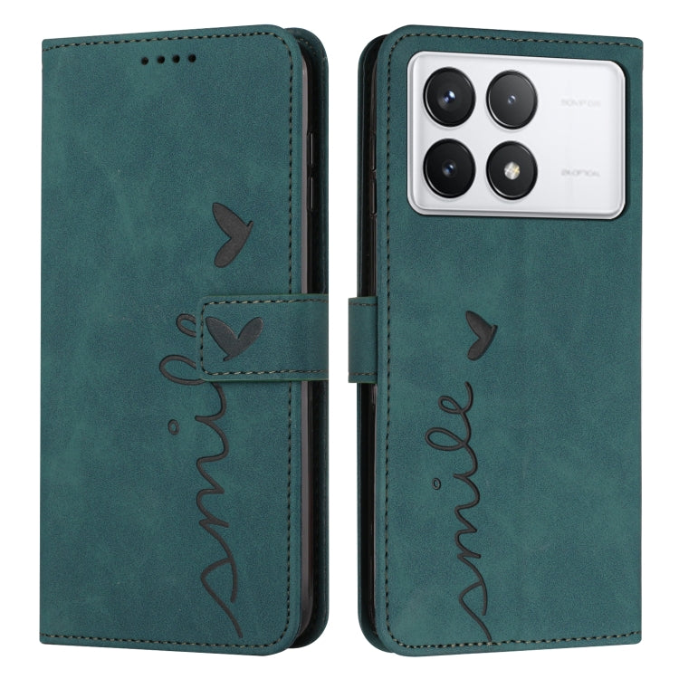For Xiaomi Redmi K70 / K70 Pro Skin Feel Heart Embossed Leather Phone Case with Long Lanyard(Green) - Xiaomi Cases by PMC Jewellery | Online Shopping South Africa | PMC Jewellery | Buy Now Pay Later Mobicred