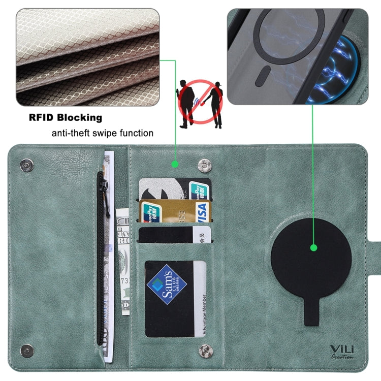 For iPhone 14 ViLi GV Series MagSafe Magnetic Zipper Leather Phone Case(Green) - free shipping - PMC Jewellery - Order now!