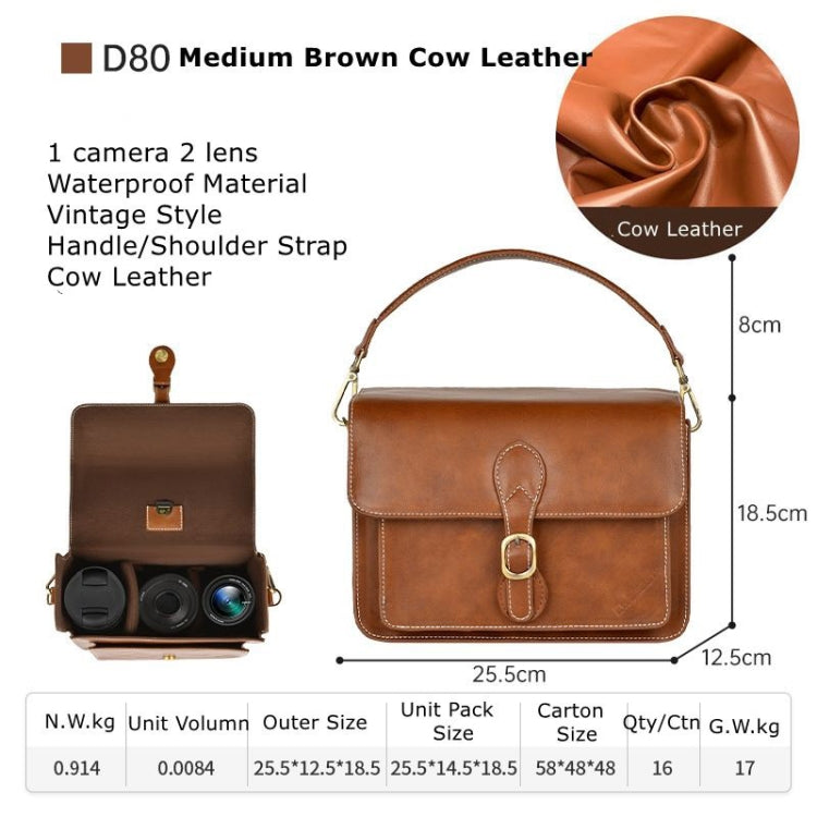 Cwatcun D80 Retro Leather Camera Shoulder Bag, Size:25.5 x 18.5 x 12.5cm Cow Leather Medium(Brown) - free shipping - PMC TechLife - Order now!