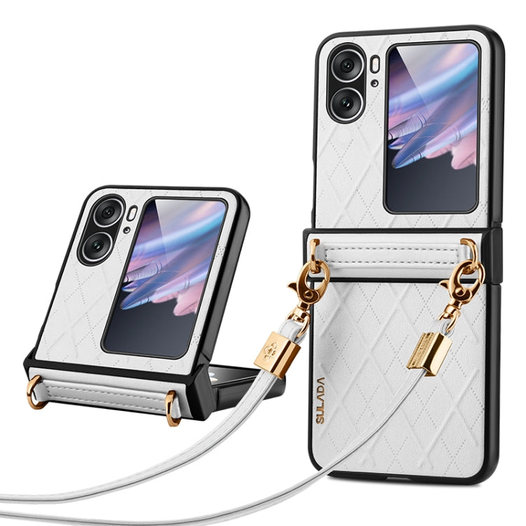 For OPPO Find N2 Flip SULADA Elegant Rhombic Texture Folding Phone Case with Lanyard(White) - OPPO Cases by SULADA | Online Shopping South Africa | PMC TechLife | Buy Now Pay Later Mobicred