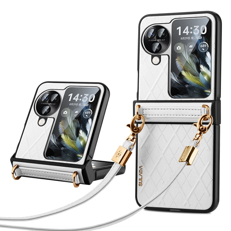 For OPPO Find N3 Flip SULADA Elegant Rhombic Texture Folding Phone Case with Lanyard(White) - free shipping - PMC TechLife - Order now!