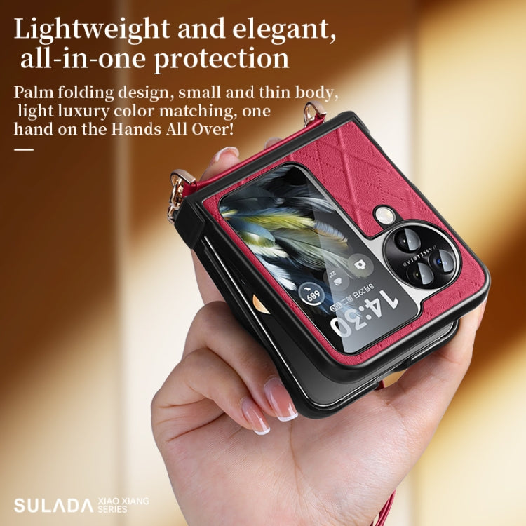 For OPPO Find N3 Flip SULADA Elegant Rhombic Texture Folding Phone Case with Lanyard(Red) - free shipping - PMC TechLife - Order now!