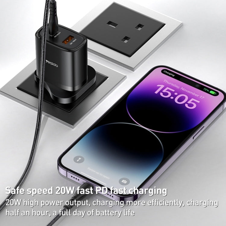 Yesido YC46 PD20W USB-C / Type-C + USB Travel Charger with 1m Type-C to 8 Pin Cable, UK Plug(Black) - free shipping - PMC Jewellery - Order now!