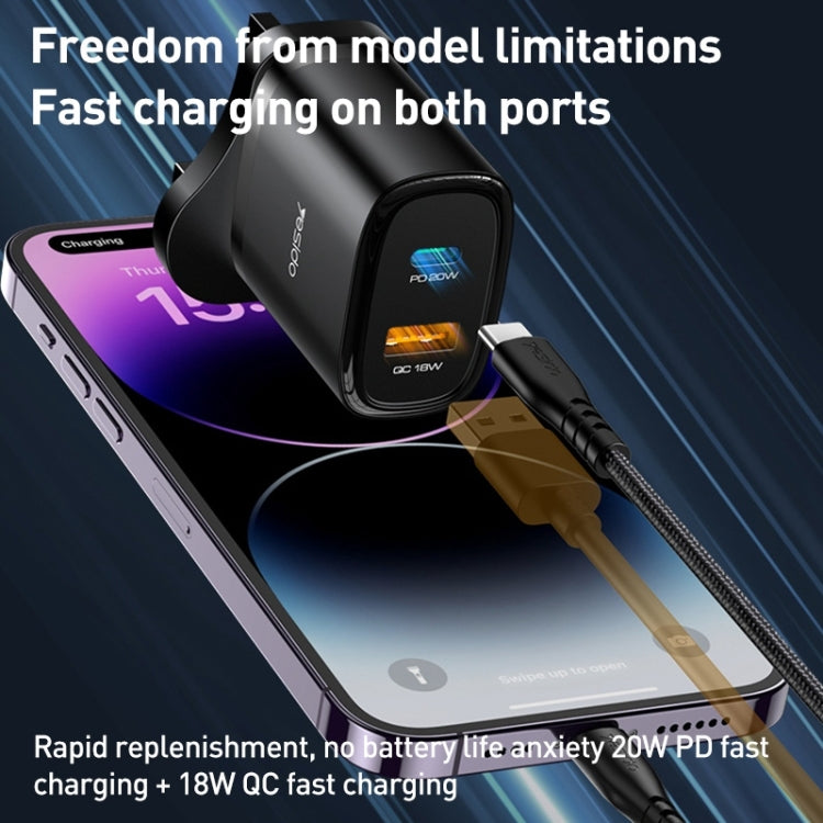 Yesido YC46 PD20W USB-C / Type-C + USB Travel Charger with 1m Type-C to 8 Pin Cable, UK Plug(Black) - free shipping - PMC Jewellery - Order now!