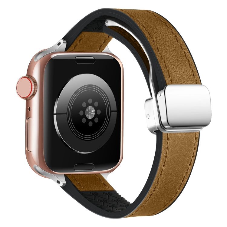 For Apple Watch Series 9 45mm Magnetic Folding Leather Silicone Watch Band(Crazy Horse Brown) - Watch Bands by PMC TechLife | Online Shopping South Africa | PMC TechLife