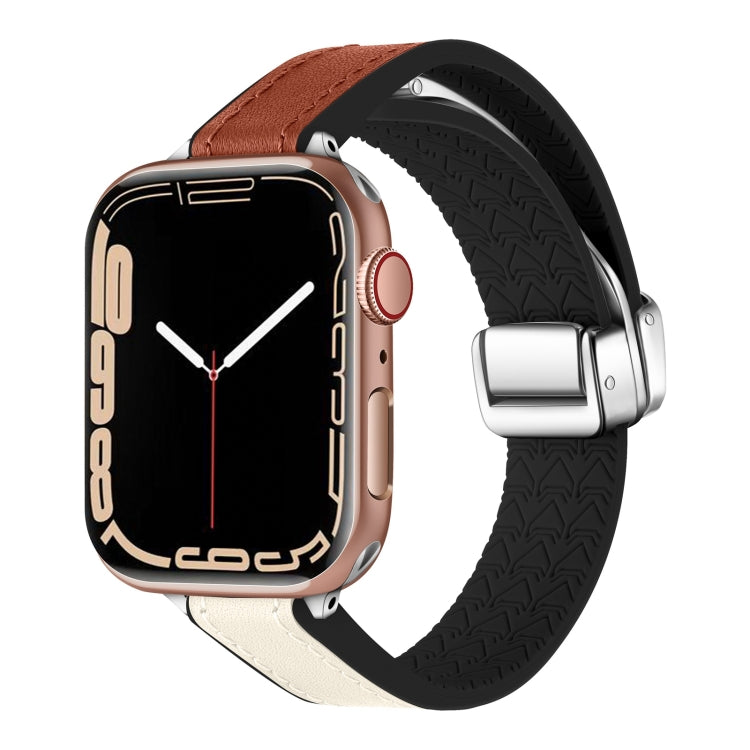 For Apple Watch Series 9 45mm Magnetic Folding Leather Silicone Watch Band(Starlight Brown) - Watch Bands by PMC TechLife | Online Shopping South Africa | PMC TechLife