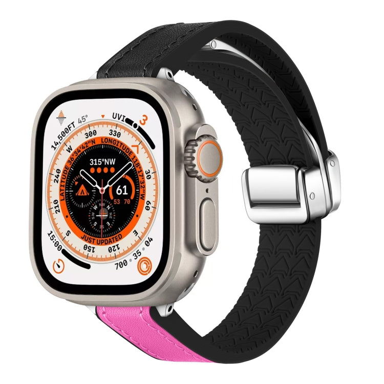 For Apple Watch Ultra 49mm Magnetic Folding Leather Silicone Watch Band(Black Rose Red) - Watch Bands by PMC TechLife | Online Shopping South Africa | PMC TechLife | Buy Now Pay Later Mobicred