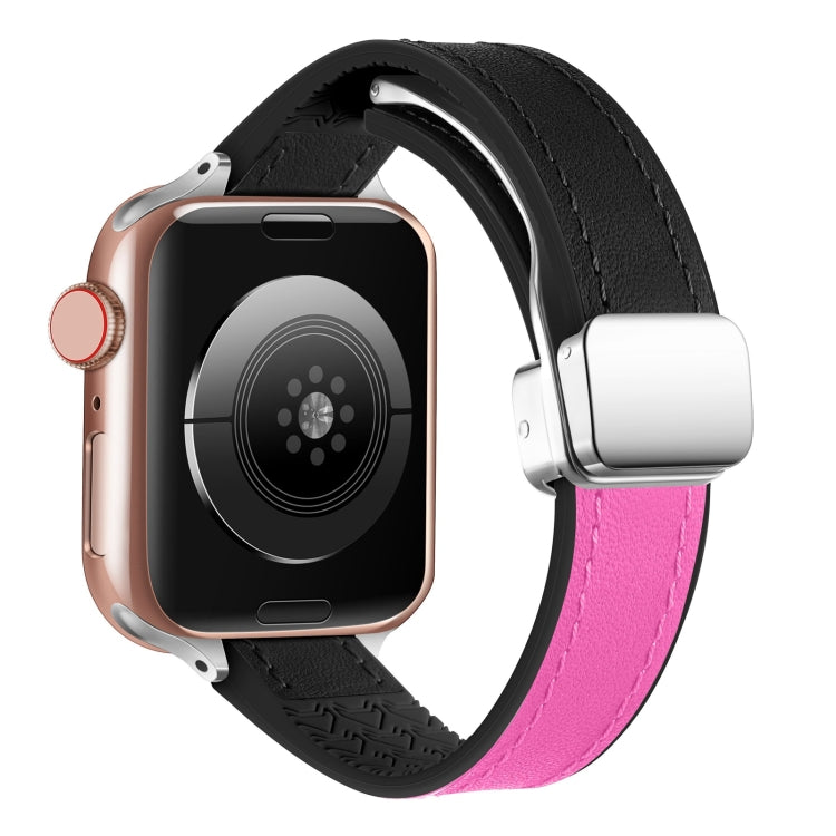 For Apple Watch Ultra 49mm Magnetic Folding Leather Silicone Watch Band(Black Rose Red) - Watch Bands by PMC TechLife | Online Shopping South Africa | PMC TechLife | Buy Now Pay Later Mobicred