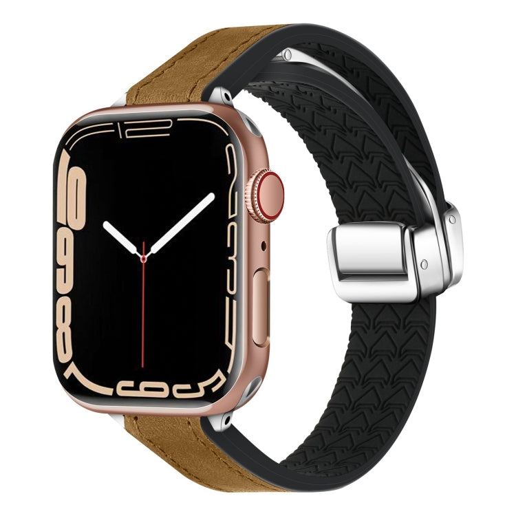 For Apple Watch Series 8 45mm Magnetic Folding Leather Silicone Watch Band(Crazy Horse Brown) - Watch Bands by PMC TechLife | Online Shopping South Africa | PMC TechLife