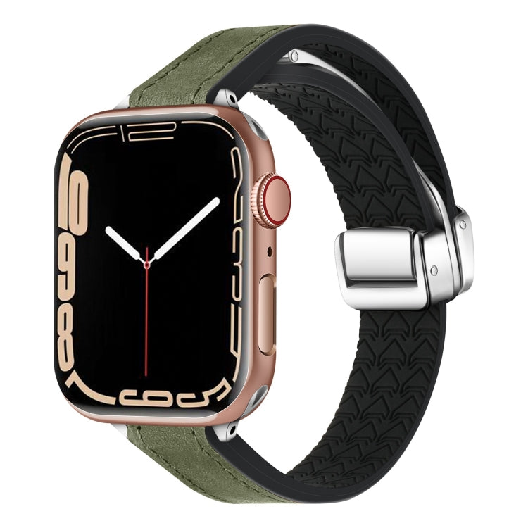 For Apple Watch SE 2022 44mm Magnetic Folding Leather Silicone Watch Band(Crazy Horse Green) - Watch Bands by PMC TechLife | Online Shopping South Africa | PMC TechLife