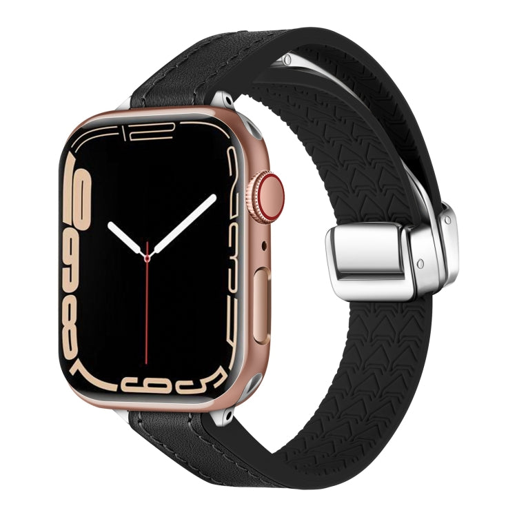 For Apple Watch SE 2022 44mm Magnetic Folding Leather Silicone Watch Band(Napa Black) - Watch Bands by PMC TechLife | Online Shopping South Africa | PMC TechLife