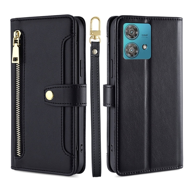 For Motorola Edge 40 Neo 5G Lite Sheep Texture Cross-body Zipper Wallet Leather Phone Case(Black) - Motorola Cases by PMC TechLife | Online Shopping South Africa | PMC TechLife | Buy Now Pay Later Mobicred