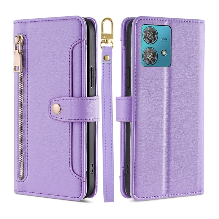 For Motorola Edge 40 Neo 5G Lite Sheep Texture Cross-body Zipper Wallet Leather Phone Case(Purple) - Motorola Cases by PMC TechLife | Online Shopping South Africa | PMC TechLife | Buy Now Pay Later Mobicred
