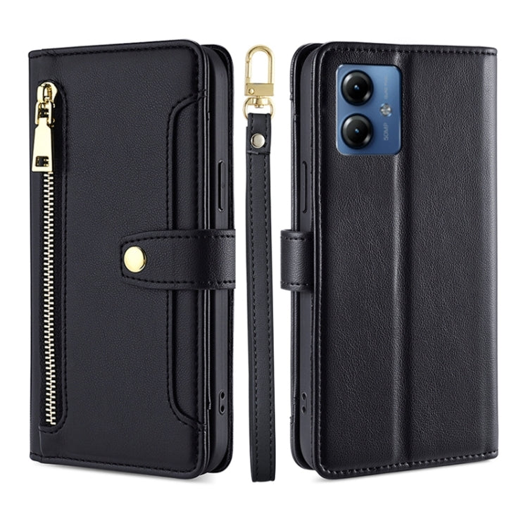 For Motorola Moto G14 4G Lite Sheep Texture Cross-body Zipper Wallet Leather Phone Case(Black) - Motorola Cases by PMC TechLife | Online Shopping South Africa | PMC TechLife | Buy Now Pay Later Mobicred