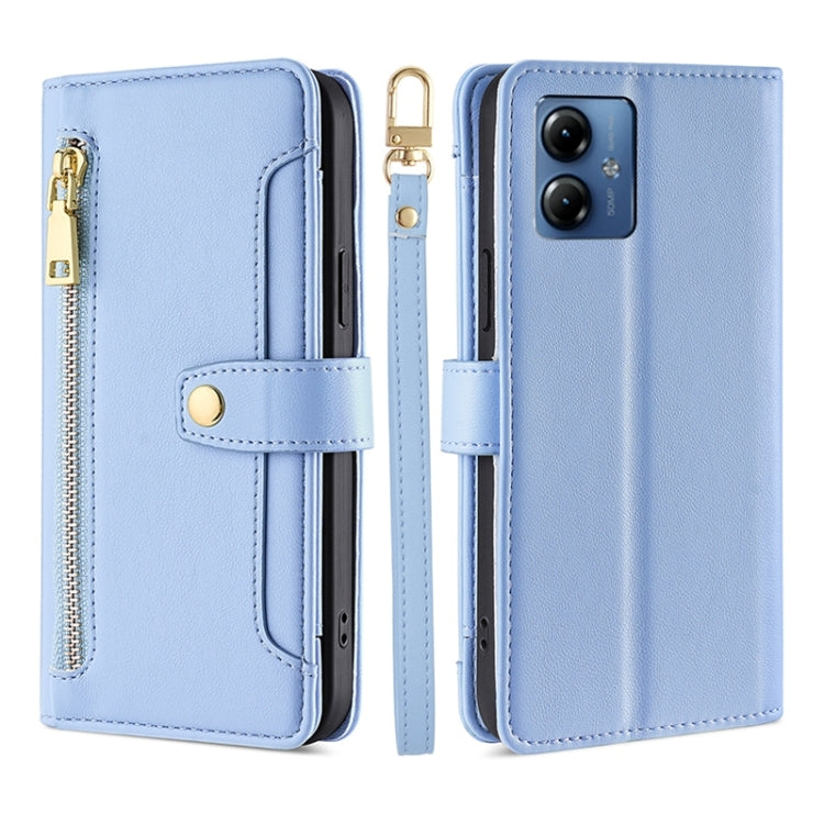 For Motorola Moto G14 4G Lite Sheep Texture Cross-body Zipper Wallet Leather Phone Case(Blue) - Motorola Cases by PMC TechLife | Online Shopping South Africa | PMC TechLife | Buy Now Pay Later Mobicred